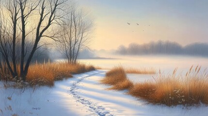 Serene winter landscape with snow-covered path, bare trees, and golden reeds at sunrise.