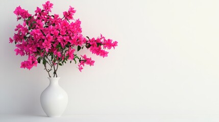Naklejka premium Pink bougainvillea flowers in a white vase against a white wall.