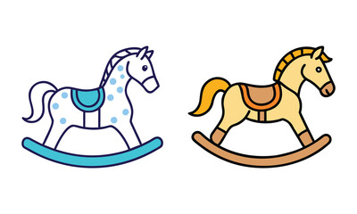 Colorful Rocking Horse Toy Icons, Pair of rocking horse illustrations featuring playful designs with unique details, perfect for kids' toys and childhood nostalgia themes.
