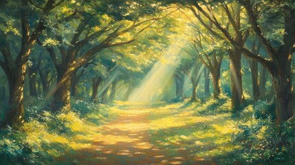 Obraz premium Sunlit path through lush green forest, sunlight beams through leaves, creating magical atmosphere.