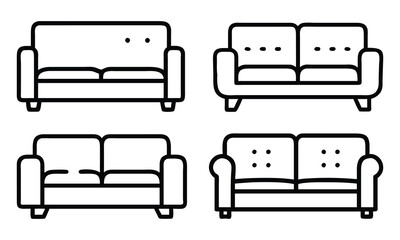 Minimalist Outline Sofa Icons Collection, Set of four sofa illustrations in outline style, showcasing different designs with cushions and armrests, perfect for interior design themes.
