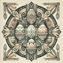 Art Deco influenced Easter wreath with geometric patterns and muted colors for vintage feel for print
