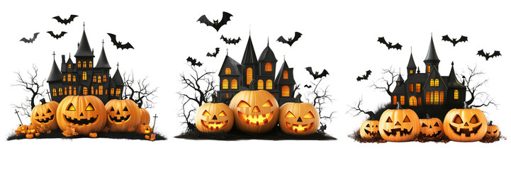 Fototapeta premium Set of A cozy front porch decorated for Halloween with an array of carved pumpkins on transparent png background