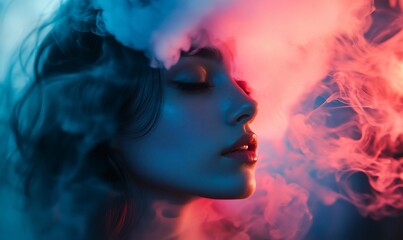 A profile of a woman surrounded by colorful smoke, creating a dreamy atmosphere.