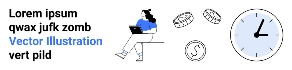 Person sitting and working on a laptop. Clock showing time. Coins depicting finance. Ideal for work-life balance, online work, time management, productivity, remote work, freelance, digital nomad