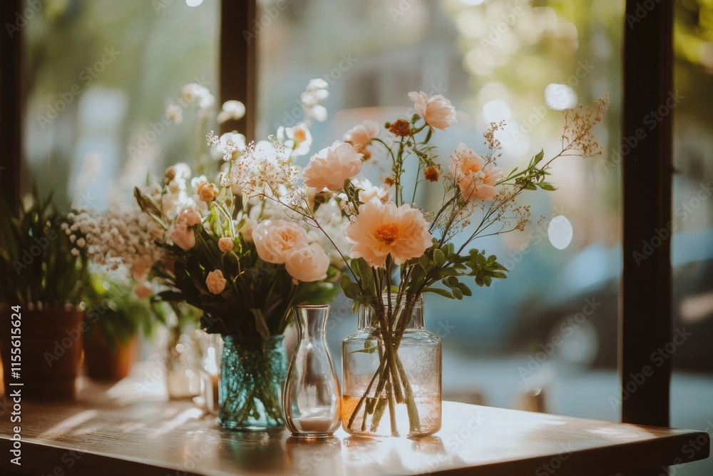 Poster stylish storefront display featuring diverse flower arrangements in glass vases during daytime. gene