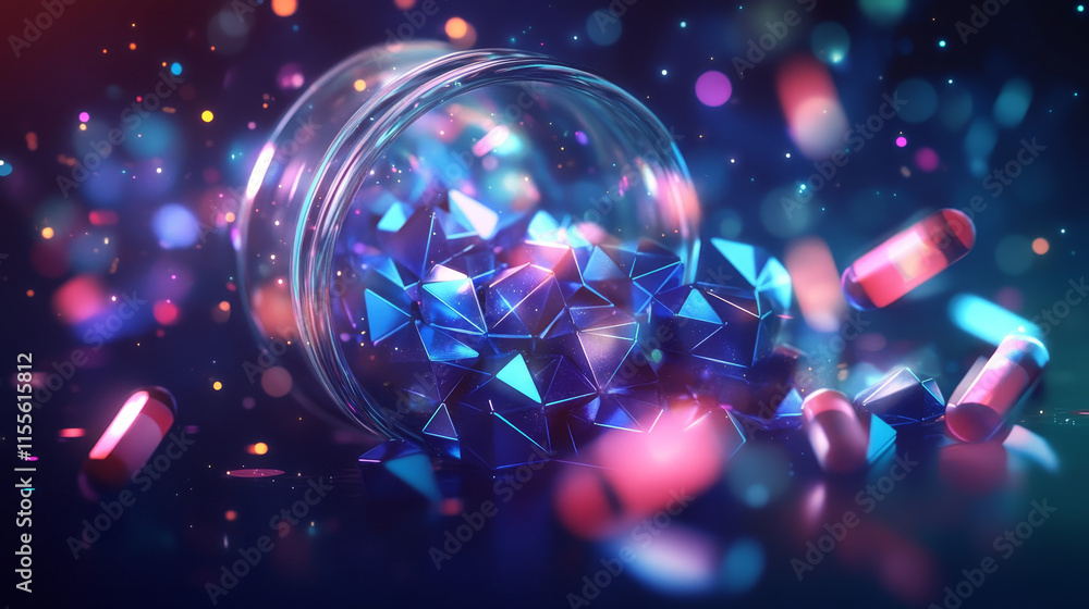Poster a hologram of a pill. tablets in a jar made of polygons, triangles of dots and lines. the pills are 