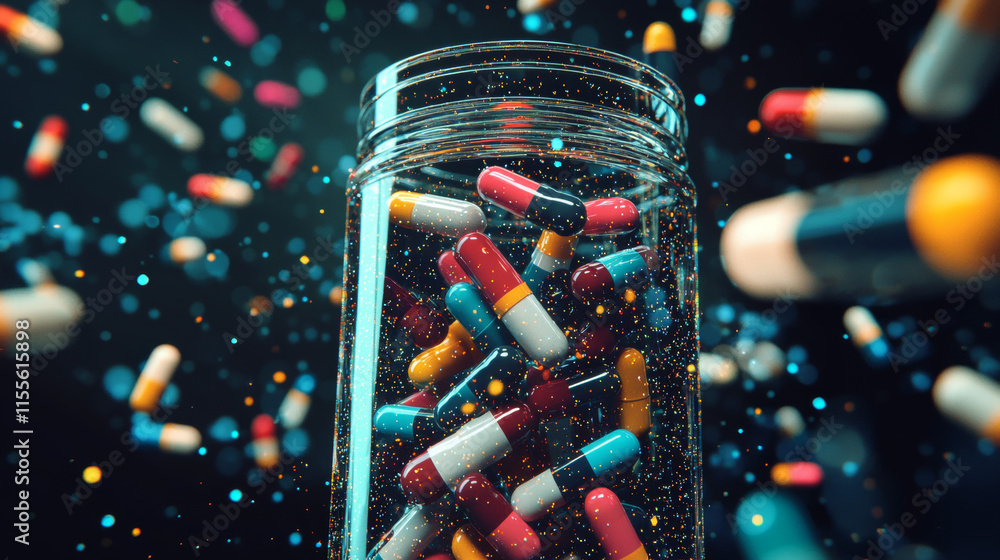 Poster a hologram of a pill. tablets in a jar made of polygons, triangles of dots and lines. the pills are 