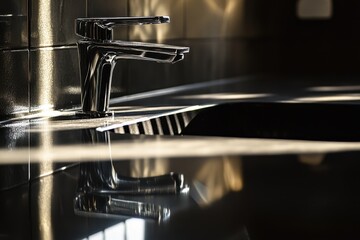 Modern Chrome Faucet Reflecting in Dark Sink