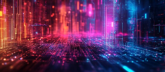 Obraz premium Neon Digital Cityscape: A Futuristic Vision of Urban Technology