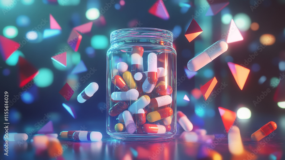 Poster a hologram of a pill. tablets in a jar made of polygons, triangles of dots and lines. the pills are 