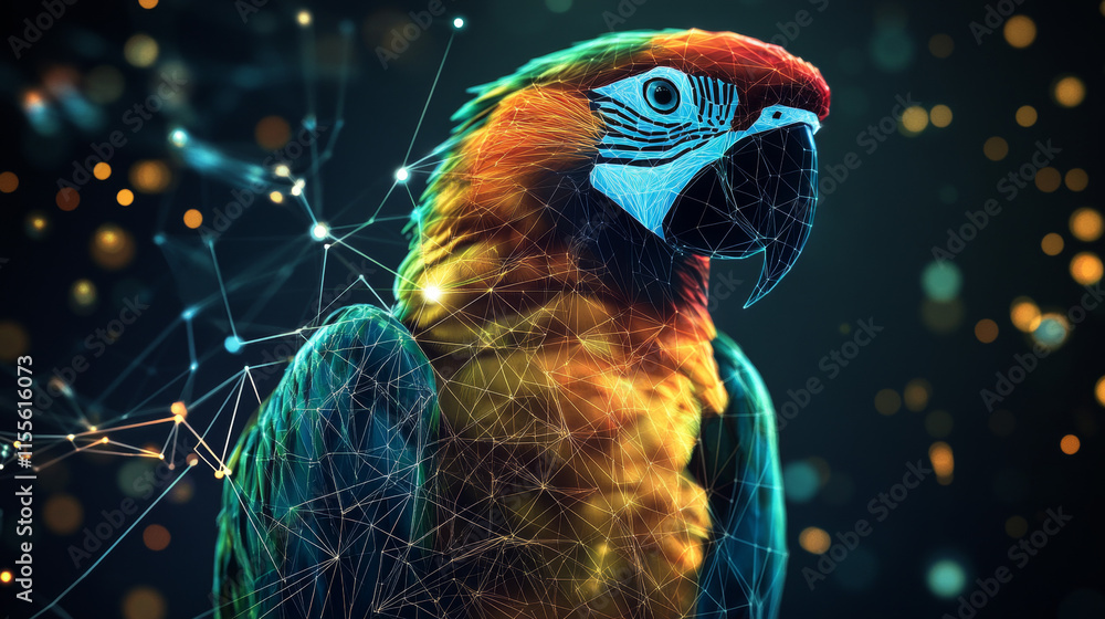 Poster a hologram of a parrot. a parrot on a branch of polygons, triangles of dots and lines. the parrot is