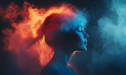 A profile of a woman surrounded by colorful smoke, symbolizing creativity and emotion.