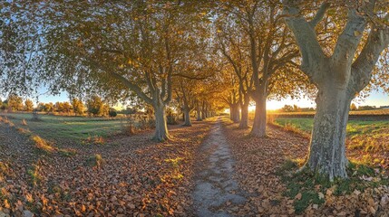 Fototapeta premium Sunlit autumn path lined with trees, leaves on ground.