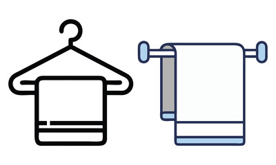 Towel Icons on Hanger and Rod, Set of two towel illustrations in outline and color styles, featuring towels neatly displayed on a hanger and a rod.
