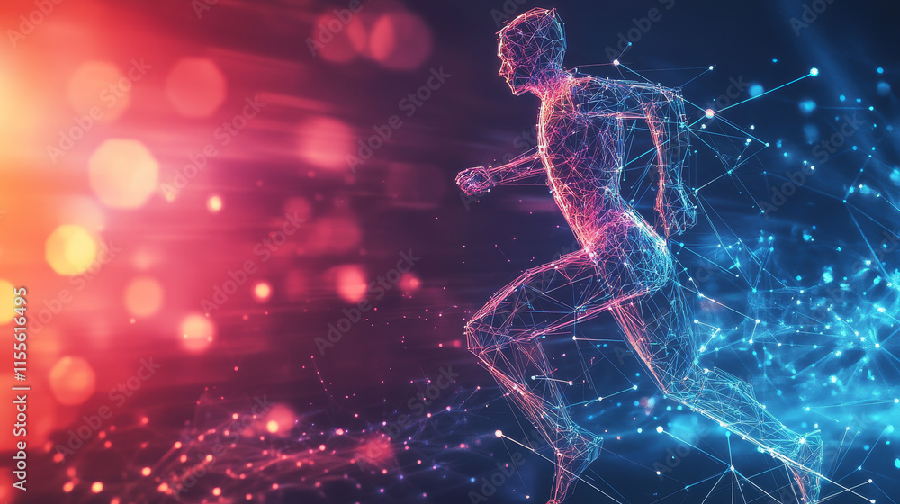 Aufkleber hologram run. a runner made of polygons, triangles of dots and lines. running is a low-poly compound