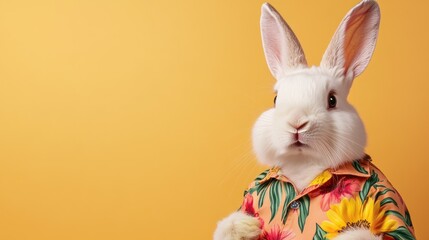 Obraz premium Cute white rabbit wearing a Hawaiian shirt against a yellow background.