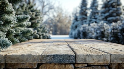 Rustic wooden table in snowy winter scene.