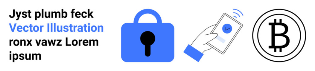 Lock symbol, hand holding phone with checkmark, Bitcoin symbol, and placeholder text for digital transactions. Ideal for finance, security, cryptocurrency, mobile payments, fintech, e-commerce
