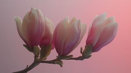 Fototapeta premium Three Delicate Magnolia Blossoms against a Soft Pink Background