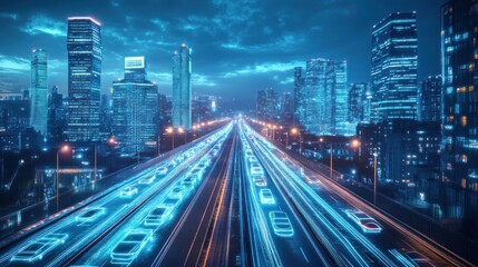 Fototapeta premium Futuristic Cityscape: Autonomous Vehicles in Motion. Smart city with self-driving cars navigating a highway at night, showcasing innovation and technology in urban transportation.