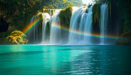 A majestic waterfall cascading into a glowing turquoise pool, surrounded by lush greenery