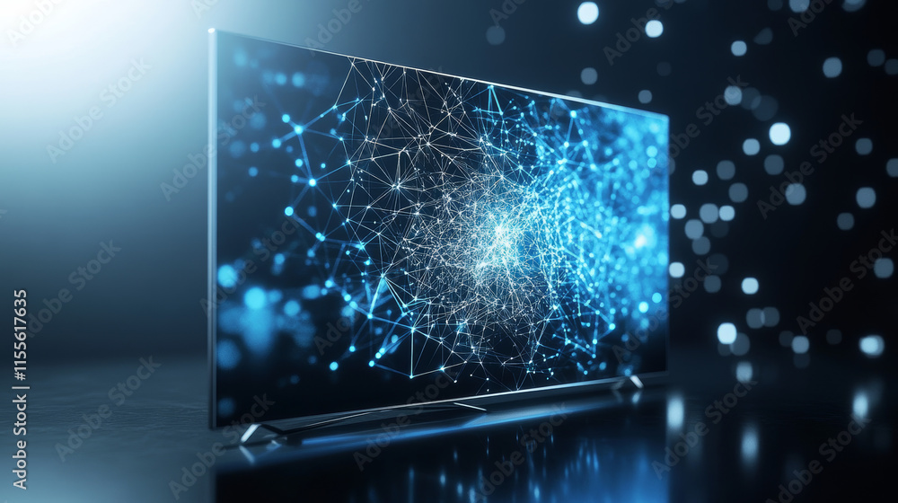 Poster a hologram tv. a high-definition tv made of polygons, triangles of dots and lines. 4k tv low-poly co