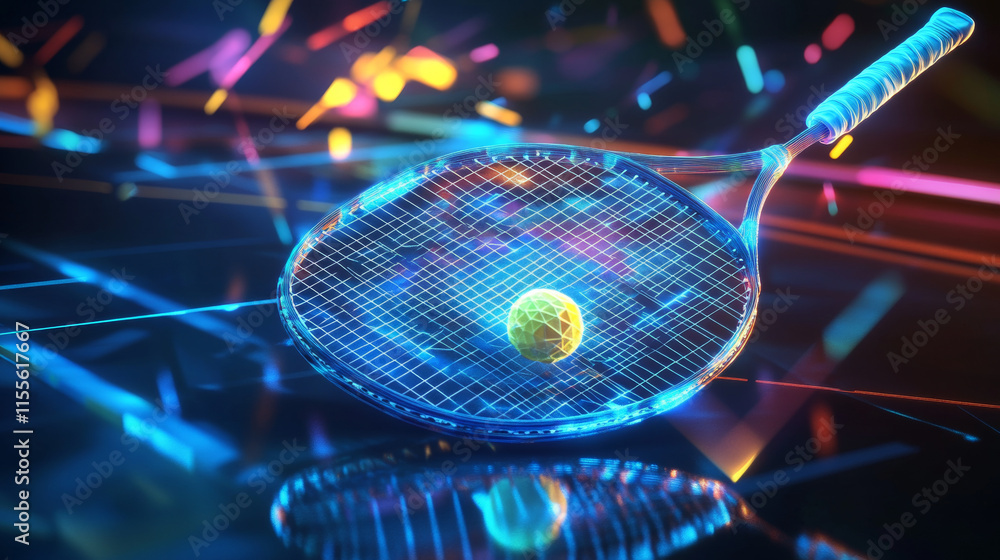 Poster hologram of badminton. racket and shuttlecock made of polygons, triangles of points and lines. badmi
