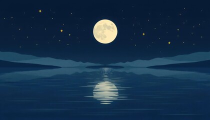 Night Sky with Full Moon Reflected on Calm Water, Evoking Peace