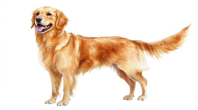 Happy golden retriever dog standing, watercolor style.