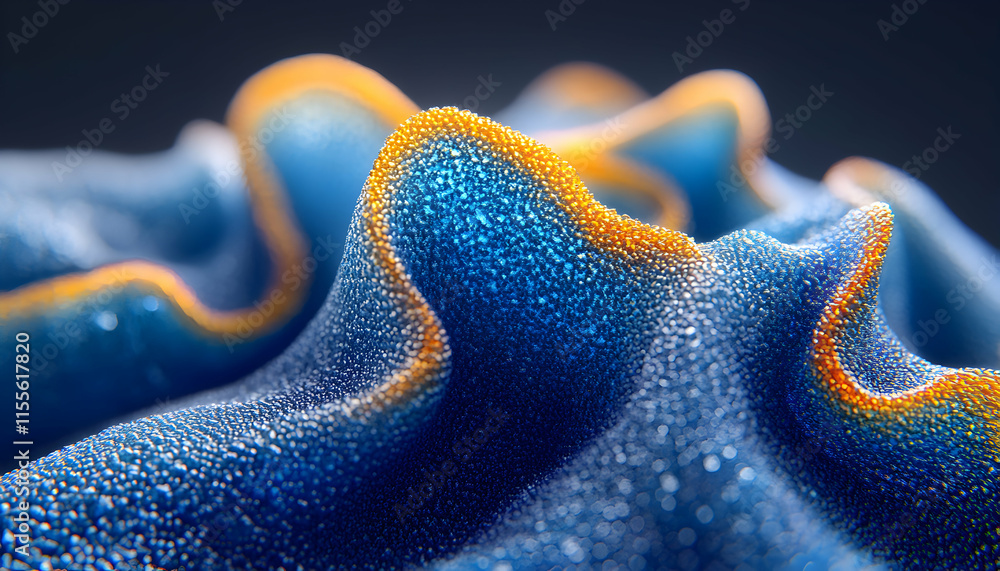 Poster abstract blue and gold textured surface, close-up macro shot. organic, flowing form with a 3d render