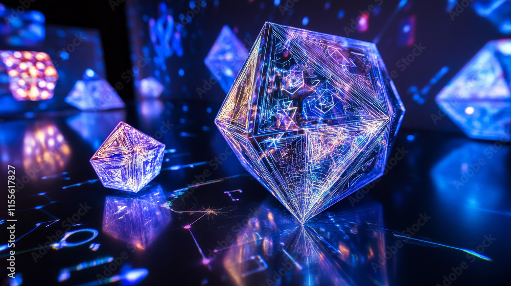 Poster the hologram of the dice. dice of polygons, triangles of points, and lines. dice is a low-poly compo