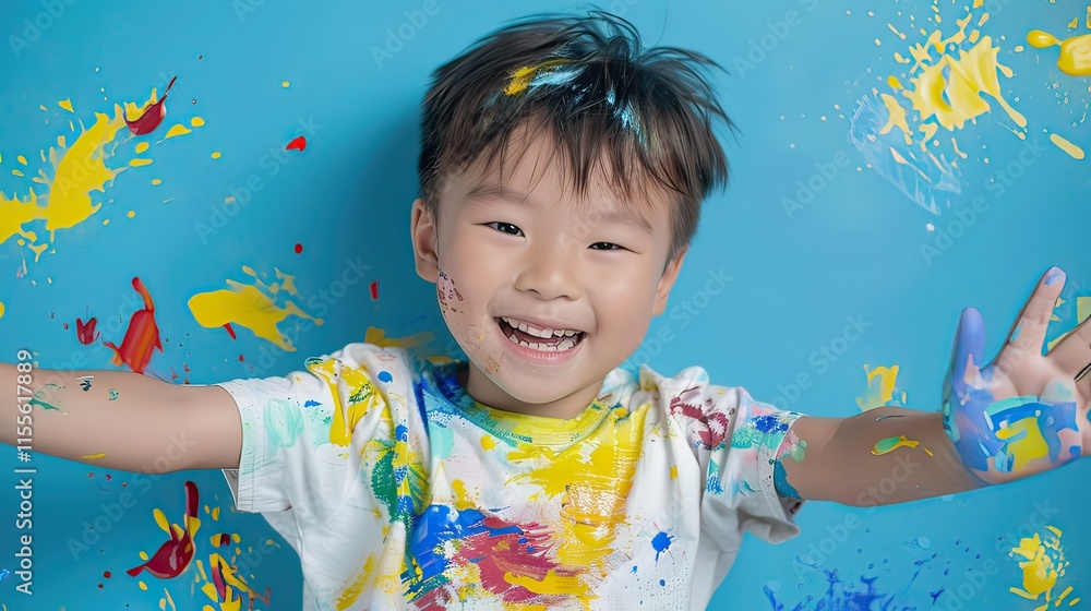 Poster a multiracial child playing with paints and smiling at the camera.