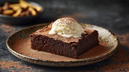 A rich chocolate brownie topped with vanilla ice cream and cocoa powder.