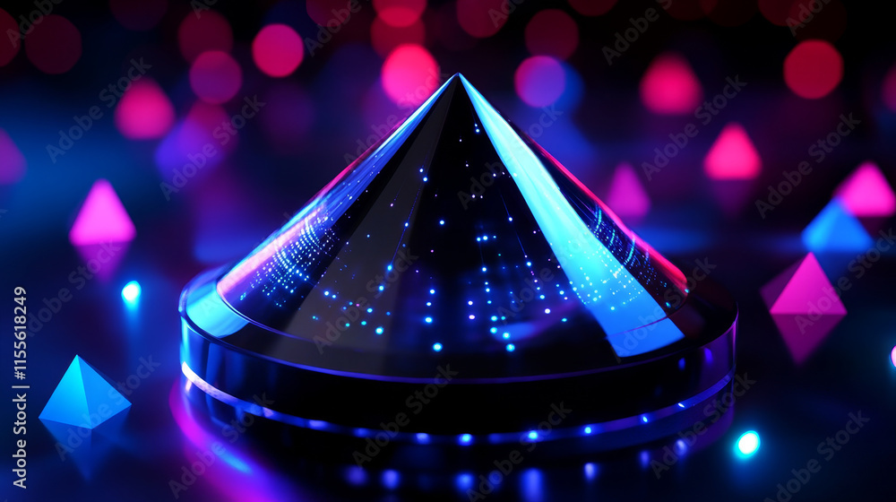 Poster the hologram is an alarm. a flashing light made of polygons, triangles of points and lines. the alar