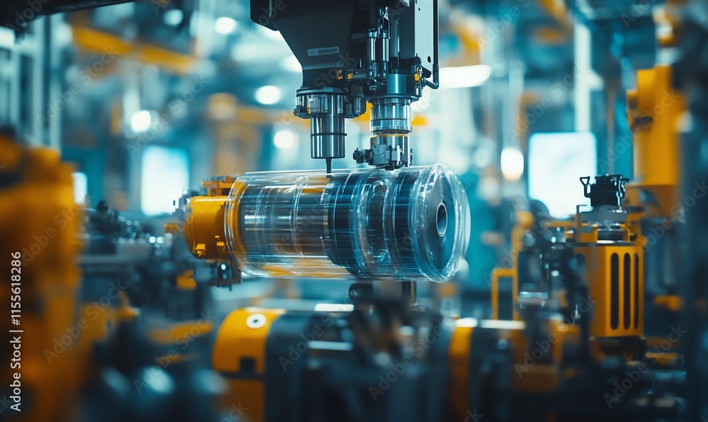 Poster a robotic arm assembling a transparent cylinder in a high-tech industrial setting.