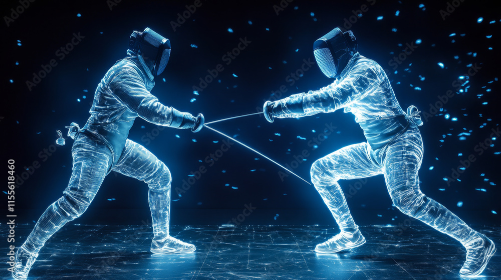 Poster hologram fencing. swords for fencing from polygons, triangles of points and lines. fencing is a low-