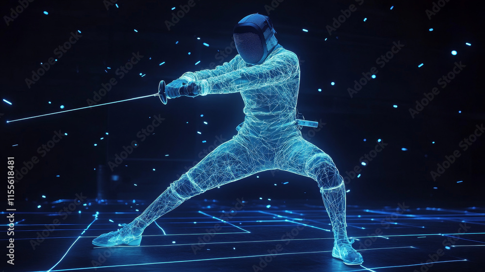 Poster hologram fencing. swords for fencing from polygons, triangles of points and lines. fencing is a low-