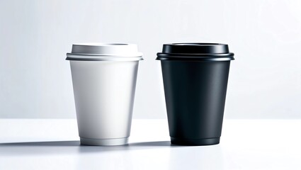 Blank black and white disposable paper cup with plastic lid mock up isolated, 3d rendering. Empty polystyrene coffee drinking mug mockup front view. Clear plain tea 
