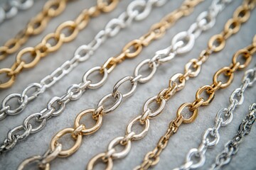 Obraz premium Close-up of various gold and silver chains on a textured surface. (1)