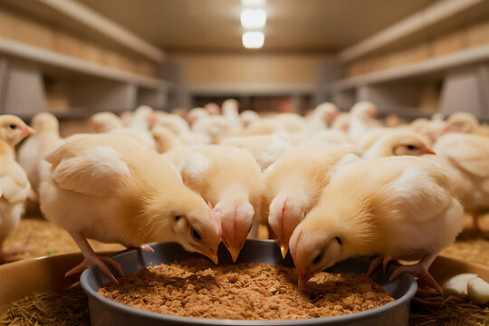 Broiler chickens that have recently hatched and are standing near the feeder. Growing broilers at home.
