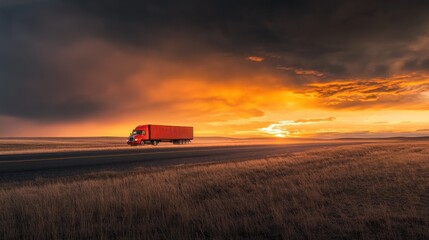 Fototapeta premium Red semi-truck driving on highway at sunset, dramatic sky.