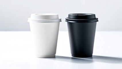 Blank black and white disposable paper cup with plastic lid mock up isolated, 3d rendering. Empty polystyrene coffee drinking mug mockup front view. Clear plain tea 