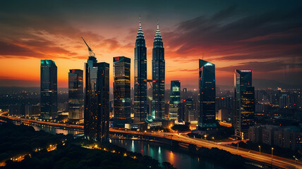 Obraz premium Majestic Kuala Lumpur Skyline at Sunrise: Breathtaking Aerial View of Petronas Towers and Cityscape