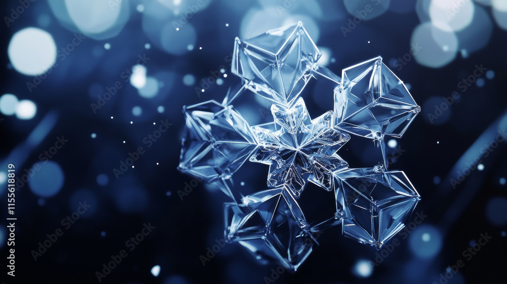 Poster a snowflake hologram. a snowflake made of polygons, triangles, points, and lines. snowflake is a low