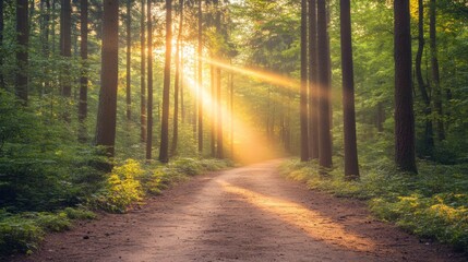 Obraz premium Sunbeams illuminate a path through a lush forest at sunrise.