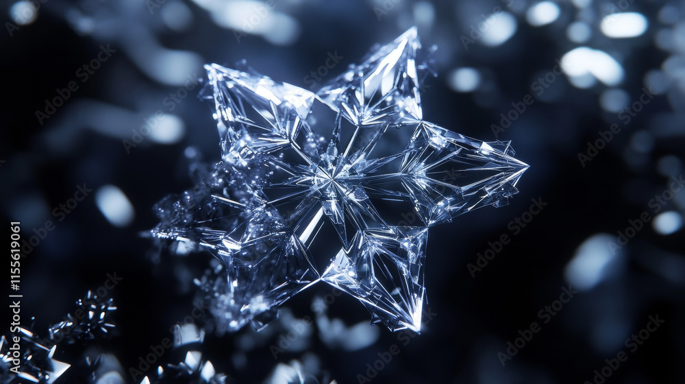 Poster a snowflake hologram. a snowflake made of polygons, triangles, points, and lines. snowflake is a low