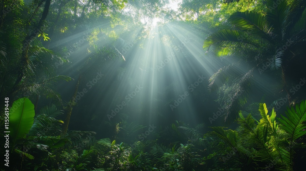 Poster sunlight filters through dense jungle canopy creating a serene atmosphere in a tropical rainforest
