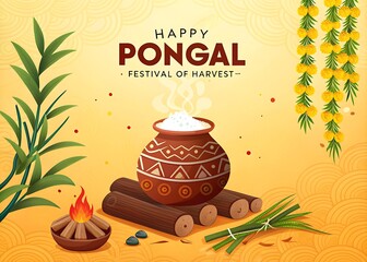 Pongal, Happy Pongal, Celebration. Pongal Poster, Design. Pongal Banner. Pongal Festival. Story | Illustration Art. Indian Festival Pongal Background 
