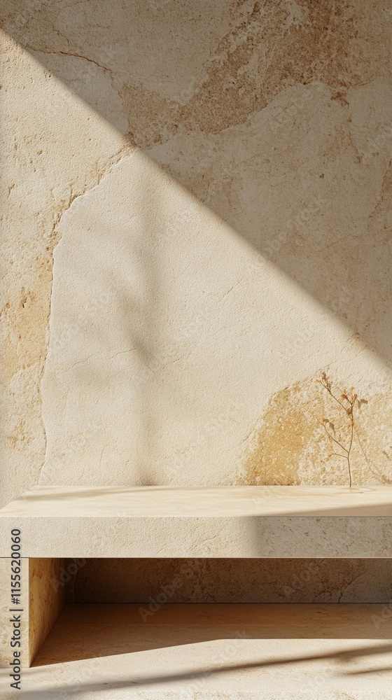 Poster minimalist interior design detail with natural sunlight casting dramatic diagonal shadow on textured